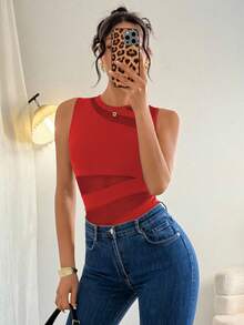 Rafferiza 优雅性感时尚黑色圆领无袖修身不对称几何网眼拼布针织女式紧身衣，春夏 - 紅色 - 查看 7