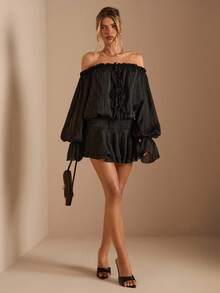 SHEIN BAE 女式黑色露肩喇叭袖荷叶边下摆连衣裙、黑色迷你连衣裙、早午餐装、秋季连衣裙、鸡尾酒会连衣裙、俱乐部连衣裙、优雅连衣裙 - 黑色 - 查看 7