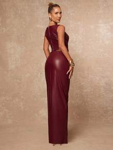 Lumalex Fall/Winter Collection Winter Clothes For Women 2pcs/Set Women Faux Leather V-Neck Sleeveless Criss-Cross Ruched Bodycon High Waist Outfit Red Leather Dress Burgundy Dress Maroon Dress Red Wine Dress Rouche Dress Luxury Evening Everyday Glamorous Outfit, Party, Going Out, Dates Essential, Birthday Gift, Teacher's Outfit, Business Casual, Women's Luxury Coats, Elegant Outfit For Women, New Year's Outfit Eve