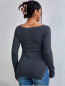 EURMUSE Sweetheart Neck Split Hem Ribbed Knit Sweater - Camel - View 2