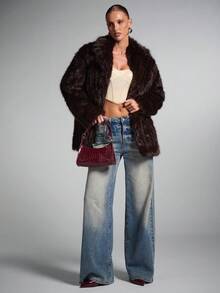 SHEIN BAE 女款毛茸茸純色翻領長袖時尚百搭外套 秋冬款 - 棕色 - 查看 7