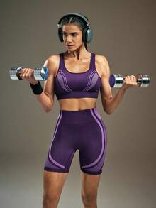 Powerista 女士条纹休闲日常健身运动文胸 - 紫色 - 查看 5