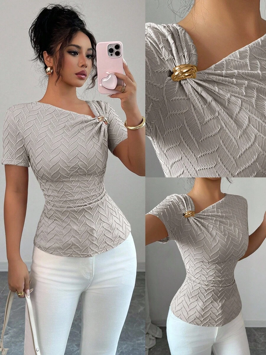 Elenzga Women's Elegant Asymmetric Neckline 3D Rose Gold Button Decor Short Sleeve T-Shirt - Grey - View 1