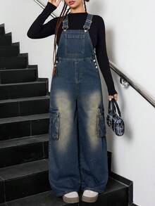 SHEIN 少女复古蓝色牛仔宽松背带裤 - 深色水洗藍 - 查看 4