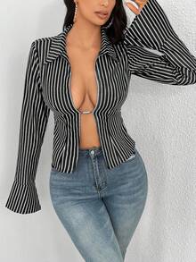 Mistrie Women's Striped Long Sleeve Slit Design Sexy Fashion Blouse - Black and White - View 7