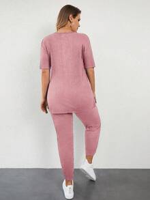 EURMUSE 大码夏季休闲纯色短袖T恤和裤子两件套 - 珊瑚粉 - 查看 2