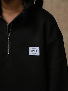 SHEIN Explorewe 2pcs/Set Tween Girls Fashion Black Half Zip Funnel Neck Drop Shoulder Fleece Sweatshirt & Straight Leg Casual Pants, Suitable For Warm, Family Gathering, Travel, School, Outdoor, Daily Casual Wear, Autumn/Winter,ChicAutumn,Halloween, Christmas - Black - View 9