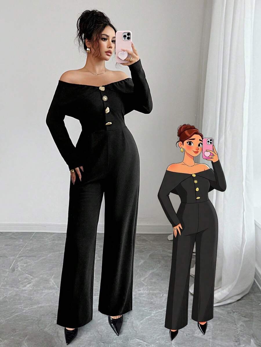 Modelyn 1 pieza Mono de manga larga con volantes y hebilla metálica off-shoulder para mujer