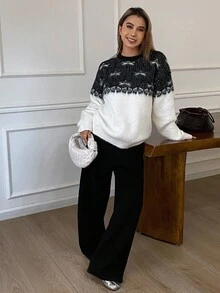 Livesso Áo len nữ dáng rộng, thanh lịch, thích hợp mặc đi làm, họa tiết ngôi sao lấp lánh, phối màu, phù hợp cho mùa thu đông và lễ hội. - Đen và trắng - Xem 6