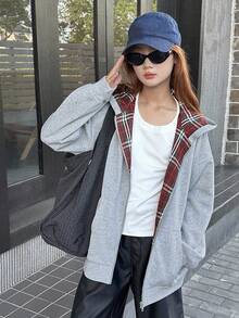 DAZY 少女宽松格子拼接卫衣，休闲宽松格子设计，秋季休闲风，宽松格子，秋季 - 灰色 - 查看 9