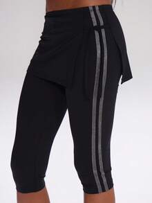 MUSERA Overlay Panel Stripe Binding Slinky Capri Pants Pedal Pushers Cute Casual Work Streetwear Sporty Work Wear Corporate Run  Party Summer - Black - View 5