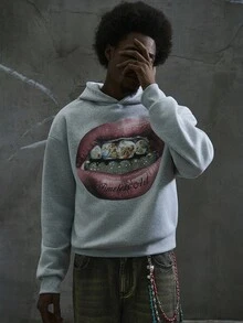 Manfinity ZONE917 Men Inlaid Rhinestone Teeth Mouth Print Grey Relaxed-Fit Thermal Lined Hoodie, For Fall Winter, Long Sleeve Top - Light Grey - View 9