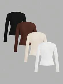 SHEIN EZwear 4 件套女士休闲圆领长袖紧身 T 恤套装 - 彩色 - 查看 2