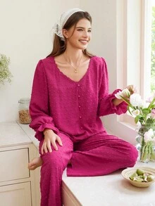 SHEIN Set pijamale pentru femei, model jacquard, cu buline în relief, cu decolteu în V și pantaloni lungi, haine de toamnă - Roz fierbinte - Vizualizare 1