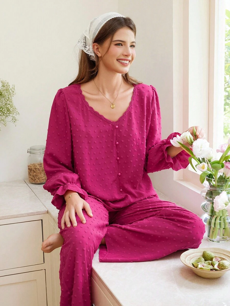 SHEIN Set pijamale pentru femei, model jacquard, cu buline în relief, cu decolteu în V și pantaloni lungi, haine de toamnă - Roz fierbinte - Vizualizare 1