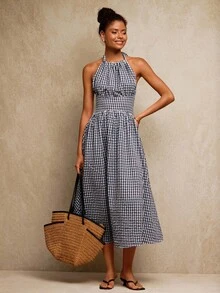 Travachic 女士度假梭织格子中长连衣裙 - 藍白色 - 查看 4