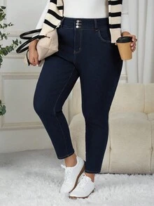 SHEIN CURVE+ 大码休闲水洗保暖内衬紧身牛仔裤 - 藍色 - 查看 5