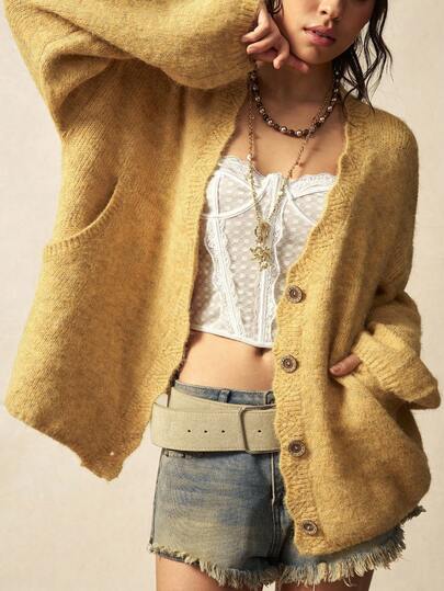Bohemela Boho Spring/Winter Women's Oversize Solid Color Yellow Versatile Minimalist Long Sleeve Open Fuzzy Vintage Loose Knit Cardigan, Western Country Style Concert Vacation, Suitable For Vacation & Daily Wear & Back To School & Going Out Wear, Christmas, New Year Clothes, Valentines Clothes, 2000s Clothes, Summer Holiday Outfits, Beach Outfit, Winter/Spring