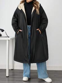 SHEIN CURVE+ Women's Plus Size Casual Loose Hooded Fleece Jacket, Autumn/Winter - Black - View 3