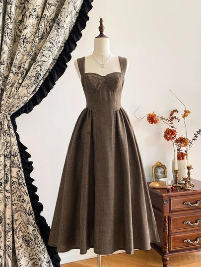 Vintamour Vintage Elegant Women Plaid Pockets Casual Tea Party Dress Festivals Party Vacation Prom Dress