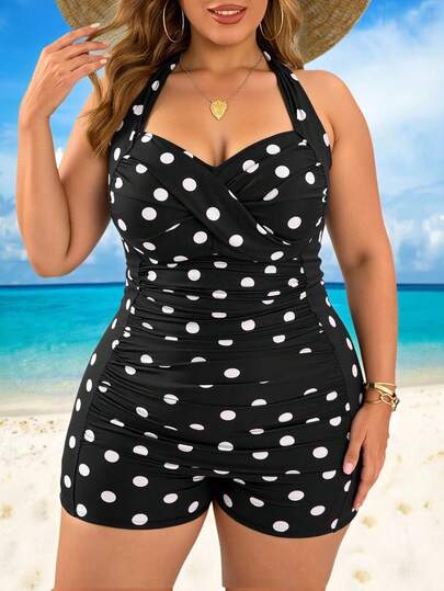 Swim Lushoire Plus Size Women's Polka Dot Dual-Color Print Halter Criss-Cross Front Pleated Slim-Fit Shorts One-Piece Swimsuit, Elegant Casual Beachwear For Daily Life And Vacation For Summer