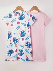 2pcs Girls Cute Cartoon Sheep Print Nightgown Set, Includes Pink & Gray Short Sleeve Long Nightdress, Casual Sleepwear - Multicolor - View 2