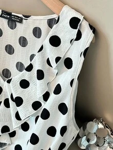 SHEIN Clasi 女士荷叶边波尔卡圆点印花无袖休闲衬衫 - 黑與白 - 查看 4