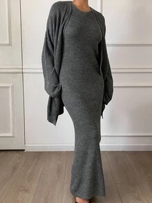 Livesso Women's Loose Jacket And Fitted Dress 2 Pieces Set, Autumn - Grey - View 1