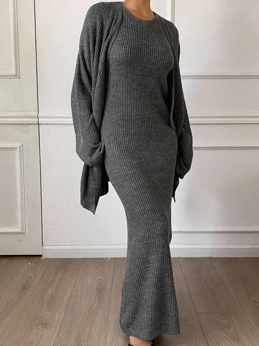 Livesso Women's Loose Jacket And Fitted Dress 2 Pieces Set, Autumn - Grey - View 1