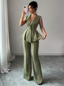 Elenzga 无袖西装套装，优雅浪漫女士修身腰商务套装 - 軍綠色 - 查看 1