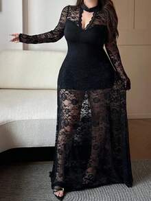 Vibekara Plus Size Women's V-Neck Long Sleeve Lace Patchwork Hollow Out Mermaid Elegant Vintage Cute Sexy Slim Maxi Dress Black Lace Dress Wedding Guest - Black - View 5