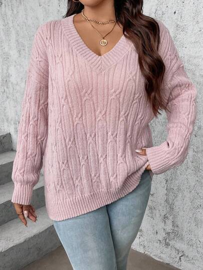 Suéter holgado de talla grande con cuello en V y tejido trenzado para mantener el calor, adecuado para el invierno, vacaciones, fiestas, festivales de música, uso en casa, regreso a la escuela, como regalo y para ir de compras.