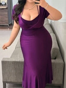 Flirla Plus Size 2 In 1 Halter Lace Short Sleeve Cinched Waist Mermaid Dress - Purple - View 4