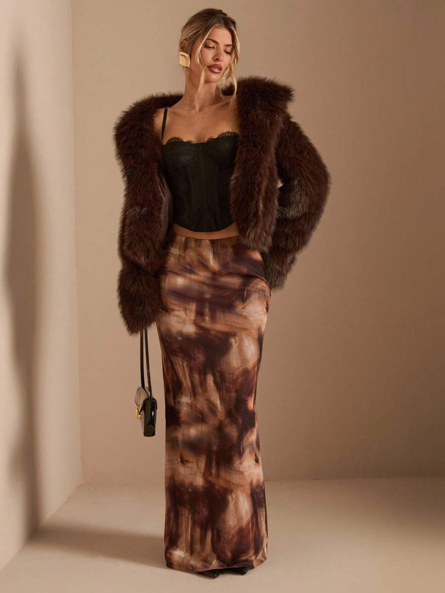 SHEIN BAE 女士中腰棕色扎染印花网眼裙，适合婚礼、万圣节、夜间外出、活动、节日，优雅女士裙，棕色裙子 - 棕色 - 查看 1