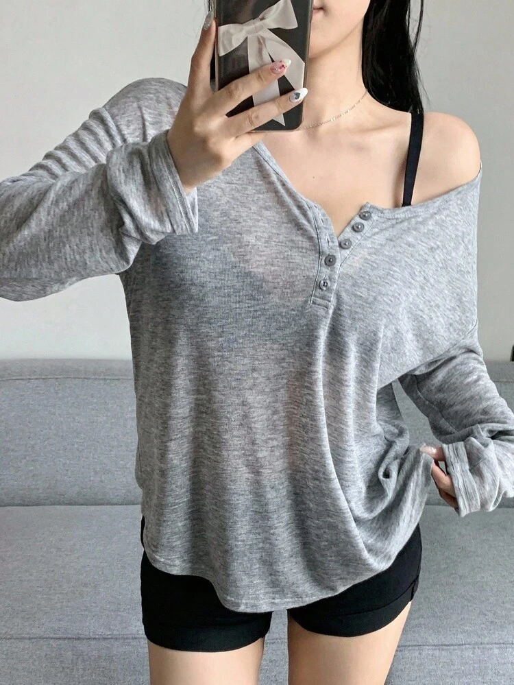 Women's Summer Plain Button Decorated Casual Casual Long Sleeve T-Shirt,Fall Clothes