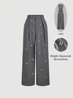 SHEIN MOD Eleganckie plisowane spodnie damskie w kolorze szarym z szerokimi nogawkami i kryształowymi zdobieniami, na imprezę, Sylwestra, błyszczące spodnie z szerokimi nogawkami, do biura, do pracy, noworoczne stroje damskie, strój sylwestrowy, strój biznesowy casual, styl vintage, akademicki, błyszcząca spódnica, odzież robocza damska, spodnie z kryształkami na jesień/zimę