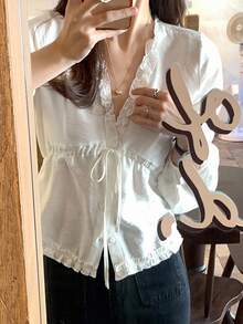 DAZY Women's Solid Color Frill Trim V-Neck Lantern Sleeve White Blouse, Spring/Autumn Long Sleeve Top - White - View 4