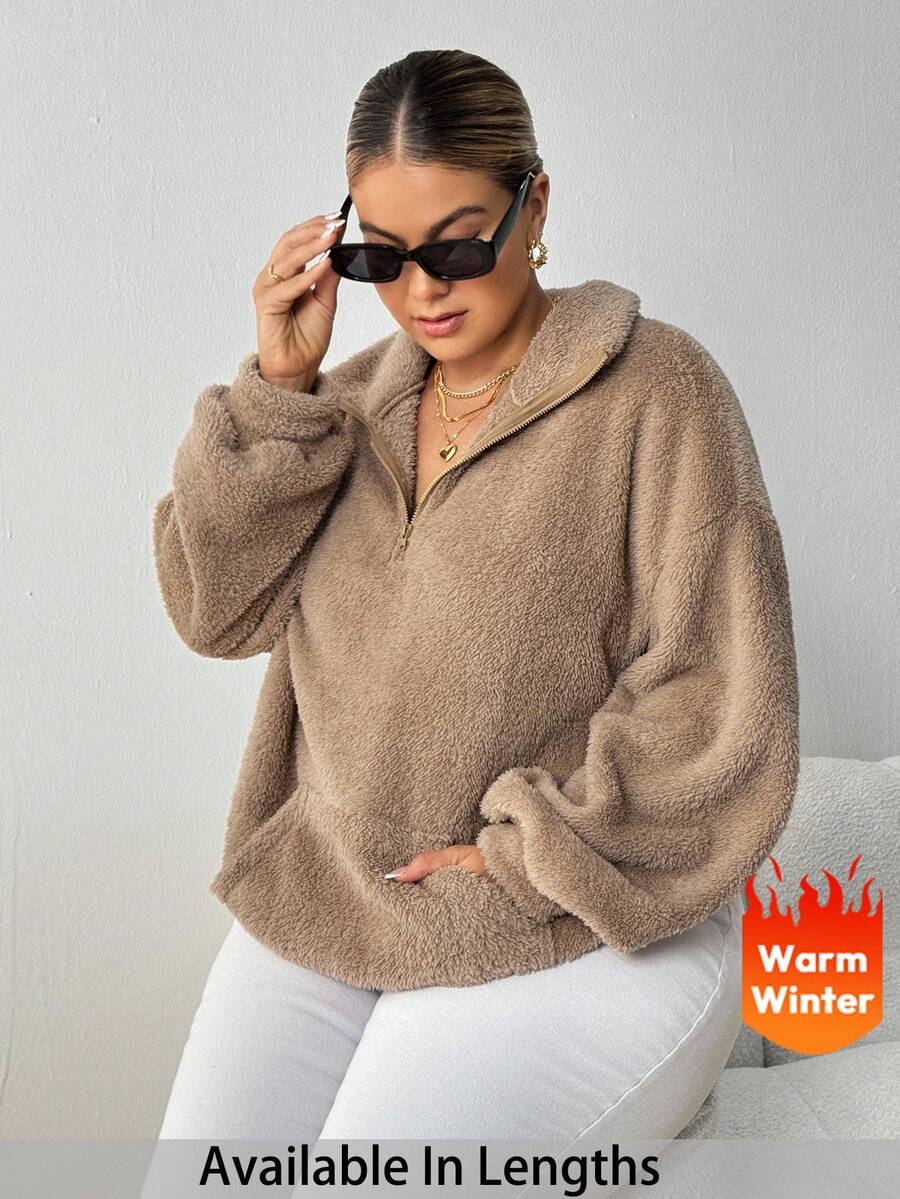 SHEIN PETITE CURVE Plus Size Solid Color Half Zip Pocketed Long Sleeve Sweatshirt, For Winter Graduation,Back To School Outfits,Graduation,Teacher Outfits For Women,Back To School Petite Plus Size Sweatshirts Plus Size Teddy Hoodie Plus Size Sherpa Sweatshirts Plus Size Fleece Hoodie Plus Size Zip Up Hoodie Fall Autumn