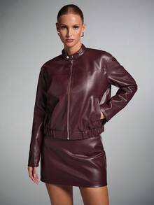 SHEIN BAE 秋冬女款纯色长袖拉链休闲 PU 皮夹克，秋季，酒红色皮夹克，皮夹克，女式时尚皮革夹克 - 酒紅色 - 查看 6