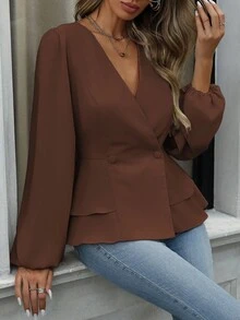 EMERY ROSE Áo sơ mi nữ tay dài cổ chữ V màu trơn tối giản, vừa vặn thoải mái - Cà phê nâu - Xem 4