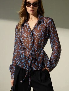 Aveloria Modichic Áo sơ mi chấm bi xanh ngẫu nhiên, thiết kế cổ áo cổ điển, dây rút ở eo để điều chỉnh vừa vặn, phù hợp với nhiều dịp - Màu nâu Sô-cô-la - Xem 4