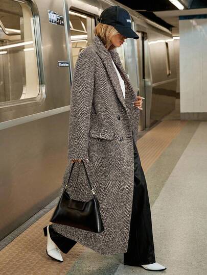 Siren Gaze Women's Autumn/Winter Lapel NeckHerringbone Double-Breasted Long Sleeve Long Casual Overcoat,Fall