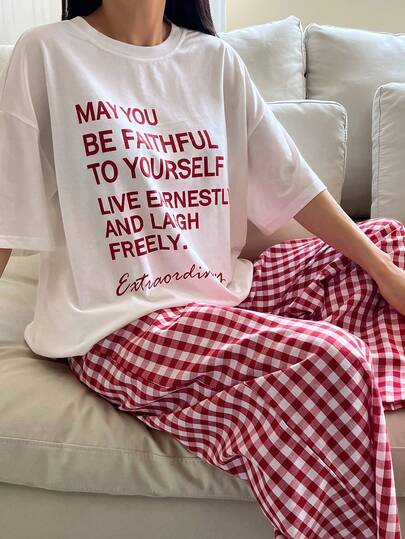 Dazy Kids Letter Print Short Sleeve T-Shirt + Plaid Pants Loose Casual Suit, Teenager (Female) Loungewear