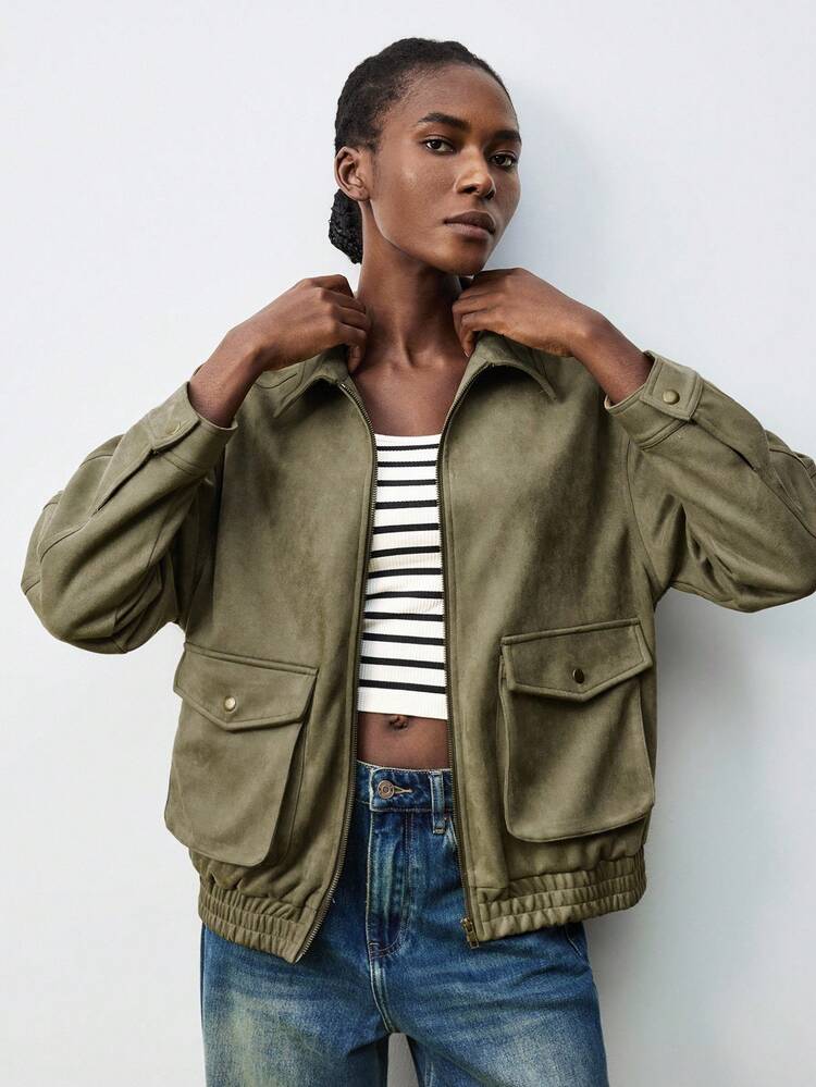 SHEIN Maija Women's Autumn/Winter Suede Jacket With Lapel Collar, Shoulder Strap, Large Patch Pockets, Elastic Hem, Button Front With Hidden Zipper Oversized Jacket Women Jackets Cropped Jackets Jackets For Women Summer Shackets For Women Christmas Women's Winter New Year Thanksgiving For Women Party Halloween Costume Women Cozy Fall And Winter For Women Fall Winter 2025 Women