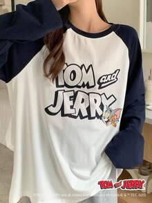 DAZY TOM AND JERRY X DAZY 2pcs Loose Cartoon Print Patchwork Raglan Sleeve Women Pajama Set, Fall Winter Clothes