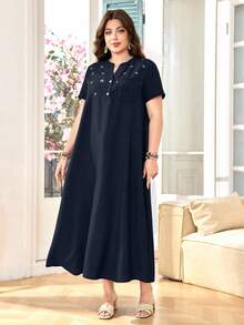 SHEIN Lacomfia 大码女式V领刺绣宽松休闲短袖衬衫裙 - 藏蓝色 - 查看 6