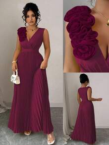 Vestido plisado de línea A de color crema amarillento, talla grande, con escote en V, sin mangas, cintura ceñida, sofisticado - Rosa - Ver 7
