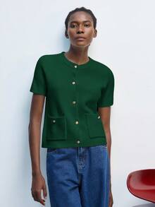 Maija 女士秋冬金属纽扣装饰短袖针织开衫，都市通勤商务休闲基础款上衣，适合办公室、优雅派对等场合 - 墨綠色 - 查看 7