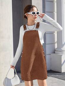 SHEIN 少女纯色灯芯绒口袋休闲吊带连衣裙女童工装裤灯芯绒工装裤棕色背带裙棕色工装裤女童休闲连衣裙工装裤女童秋冬 - 棕色 - 查看 6