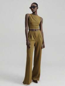 Ontre 2025 New Arrival Women Autumn/Winter Clothing, 4 Seasons Apparel, Women's Fall Outfits, Autumn, Halloween, Back To School, Christmas, Oktoberfest Casual Outfits, Night Out Attire, Wedding Guest Dresses, Business Casual, Vintage Style, Women Solid Color Minimalist Daily Wear, Sleeveless Top & Pants 2 Pieces Set